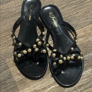 Forever Black Jelly Sandals with Pearl Accents